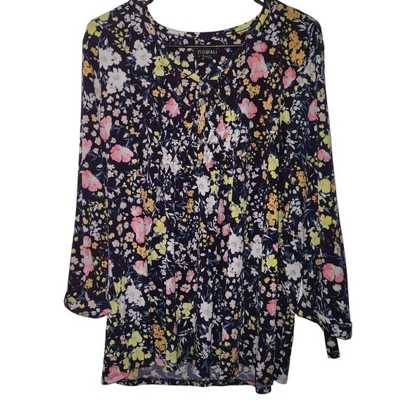 Roz & Ali | Tops | Roz Ali Womens Navy Blue Floral 34 Sleeves Smocked ...